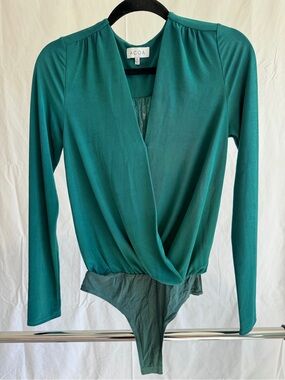 ACOA Teal Green Long Sleeve Wrap Bodysuit V-Neck Stretch Size S